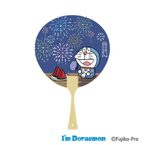小禮堂 哆啦A夢 日製 圓形塑膠扇萬用卡片 夏季卡片 明信片 節日卡 賀卡 (深藍)