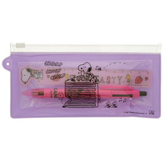 小禮堂 史努比 日製 兩件式文具組 附夾鏈袋 直尺 多色筆 原子筆 (紫 蛋糕)