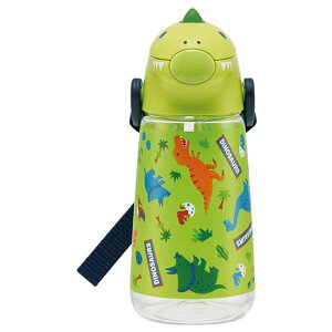 小禮堂 恐龍 日製 造型蓋吸管水壺 附背帶 塑膠水瓶 隨身瓶 420ml (綠)