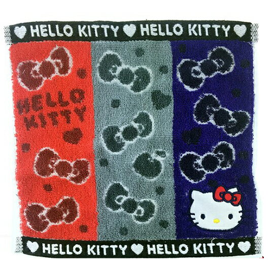 小禮堂 Hello Kitty 純棉無捻紗方巾 純棉手帕 小毛巾 25x25cm (紅藍灰條)