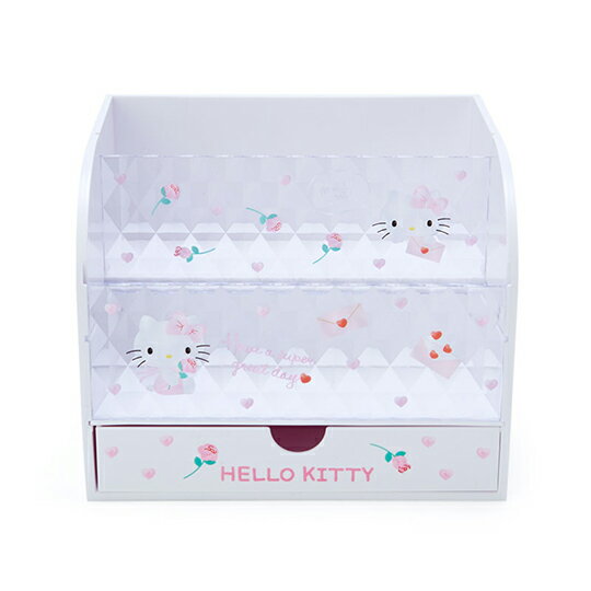 小禮堂 Hello Kitty 雙層壓克力化妝品架 透明化妝品架 抽屜盒 口紅架 瓶罐架 (白 玫瑰)