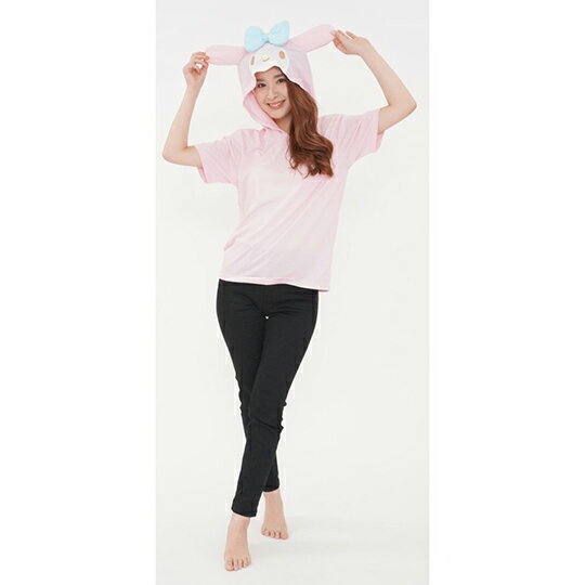 小禮堂 美樂蒂 造型連帽短袖上衣 連帽上衣 薄上衣 T-shirt 帽T 棉T (粉 大臉)