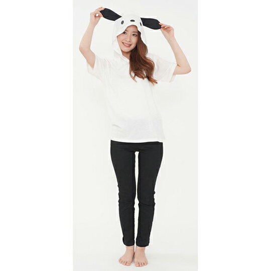 小禮堂 帕恰狗 造型連帽短袖上衣 連帽上衣 薄上衣 T-shirt 帽T 棉T (白 大臉)