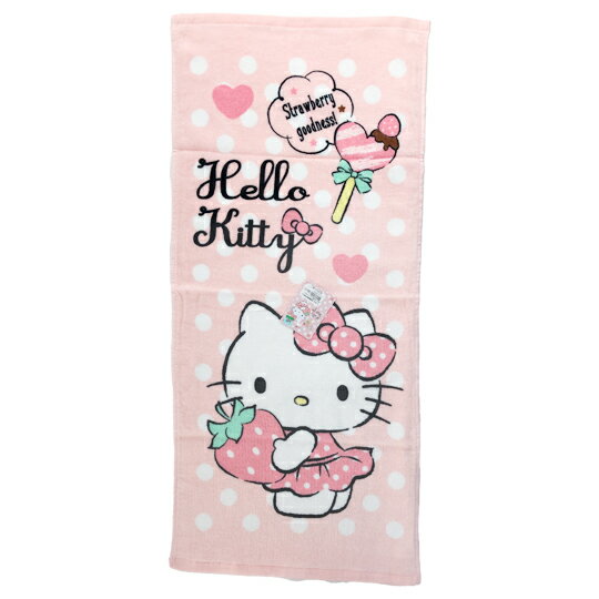 小禮堂 Hello Kitty 純棉割絨長毛巾 兒童毛巾 純棉毛巾 長巾 童巾 34x76cm (粉 草莓)