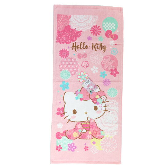 小禮堂 Hello Kitty 純棉割絨長毛巾 兒童毛巾 純棉毛巾 長巾 童巾 34x76cm (粉 和服)