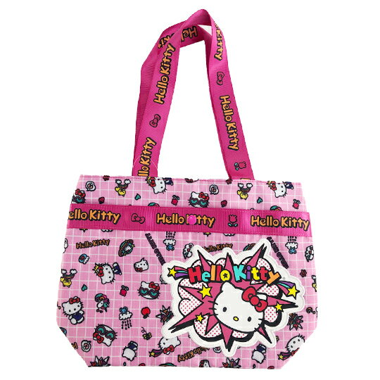 小禮堂 Hello Kitty 扣式尼龍手提袋 (粉色格線)