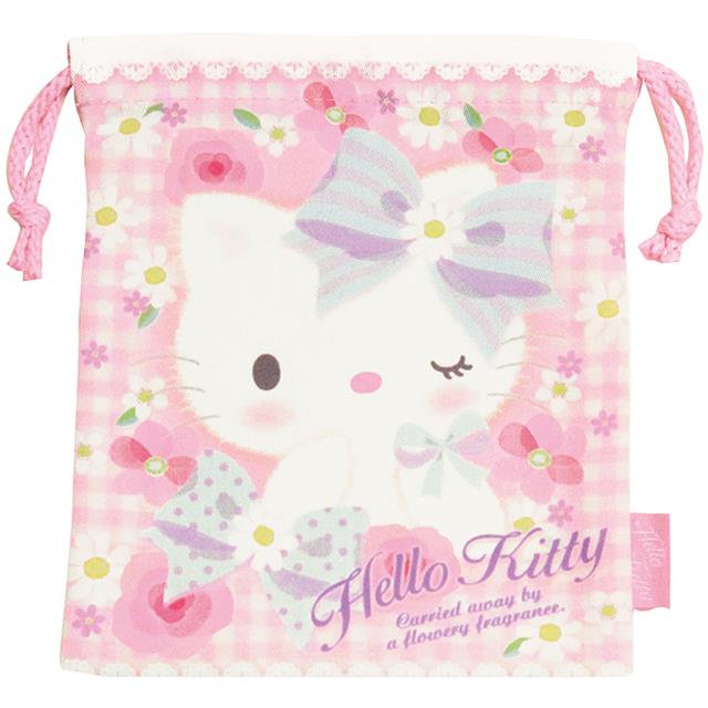 小禮堂 Hello Kitty 棉質束口袋 20x19cm (粉格紋款)