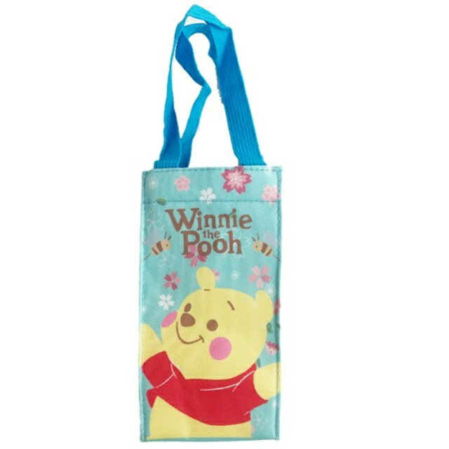 小禮堂 迪士尼 小熊維尼 方形保冷水壺袋 (粉櫻花款)