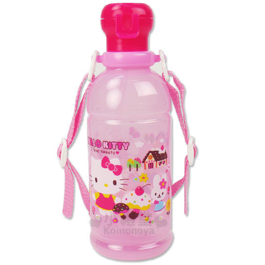 小禮堂 Hello Kitty 日本製 兒童吸管水壺 附背帶 400ml (粉糕餅屋款)