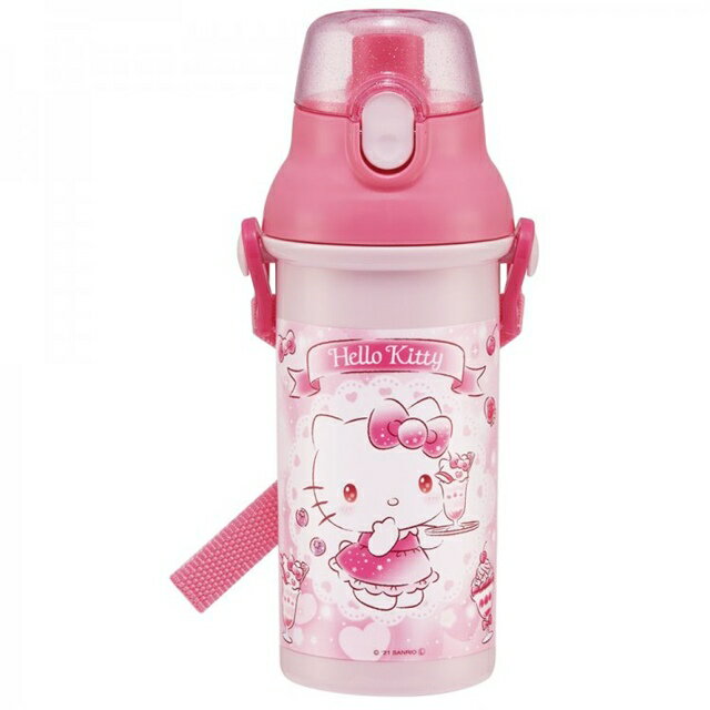 小禮堂 Hello Kitty 日本製 抗菌直飲水壺 附背帶 480ml (粉聖代款)