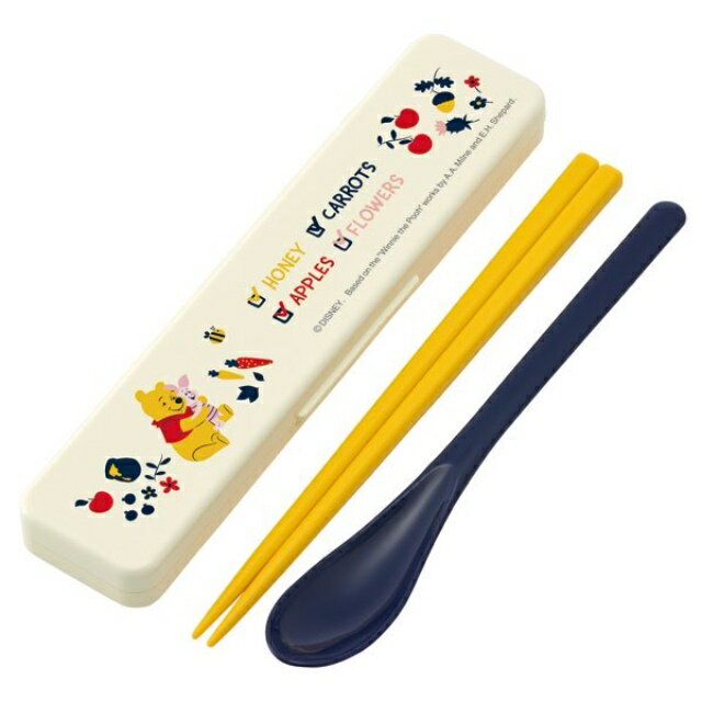 小禮堂 迪士尼 小熊維尼 日本製 抗菌兩件式餐具組 (米花草款)