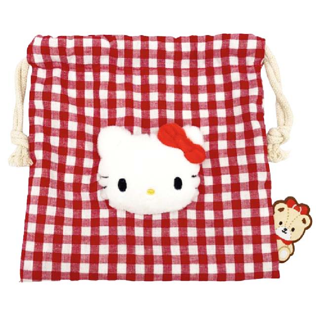 小禮堂 Hello Kitty 絨毛玩偶束口袋 18x18cm (紅格大頭款)