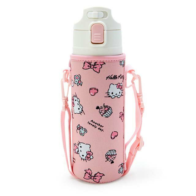 小禮堂 Hello Kitty 彈蓋式不鏽鋼保冷瓶附套 470ml (粉白滿版款)
