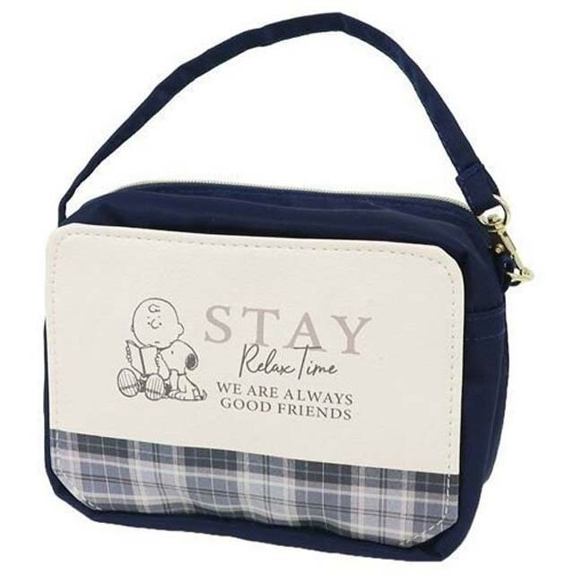 小禮堂 Snoopy 皮質手提收納包 (深藍格紋款)