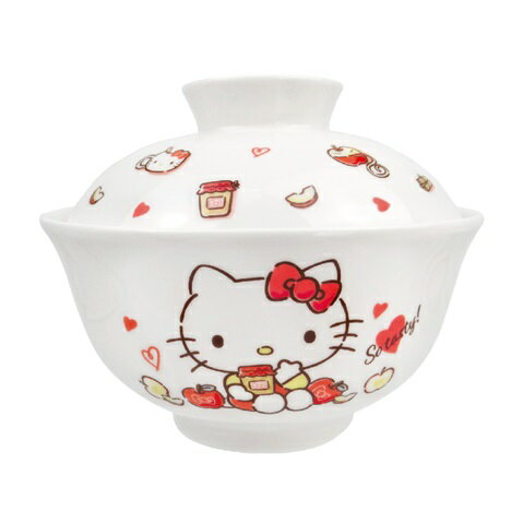小禮堂 Hello Kitty 陶瓷丼碗附蓋 500ml (紅白蘋果款)