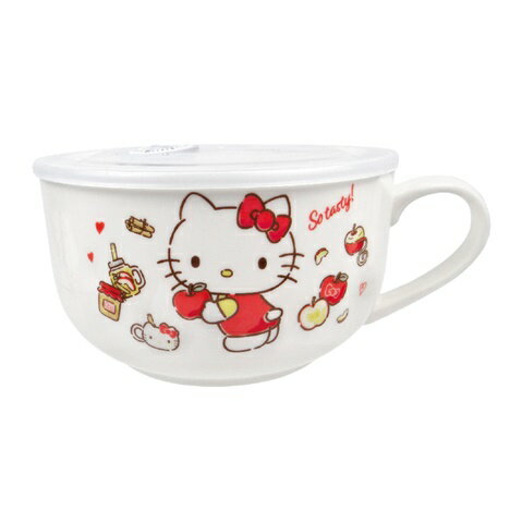 小禮堂 Hello Kitty 陶瓷單耳泡麵碗附蓋 980ml (紅白蘋果款)