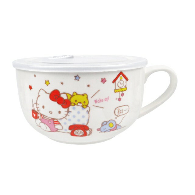 小禮堂 Hello Kitty 陶瓷單耳泡麵碗附蓋 980ml (紅白電話款)