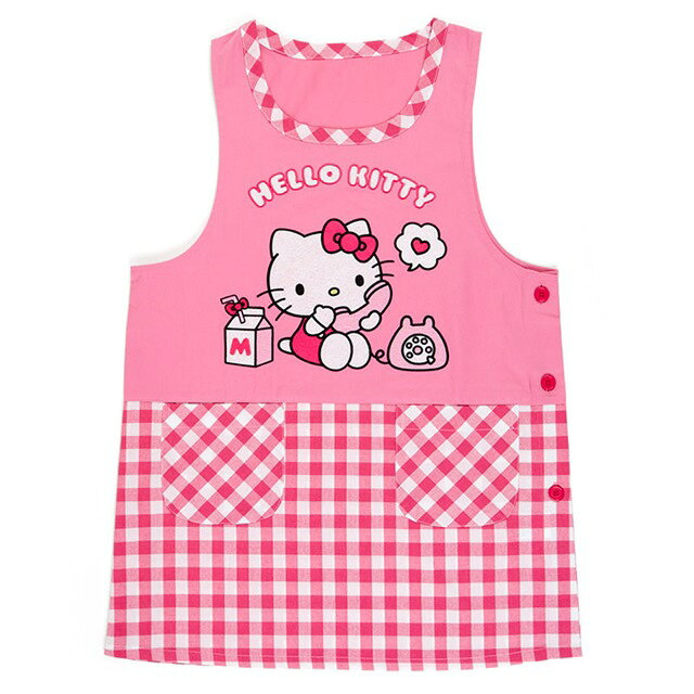 小禮堂 Hello Kitty 成人棉質背心式圍裙 (桃格紋款)