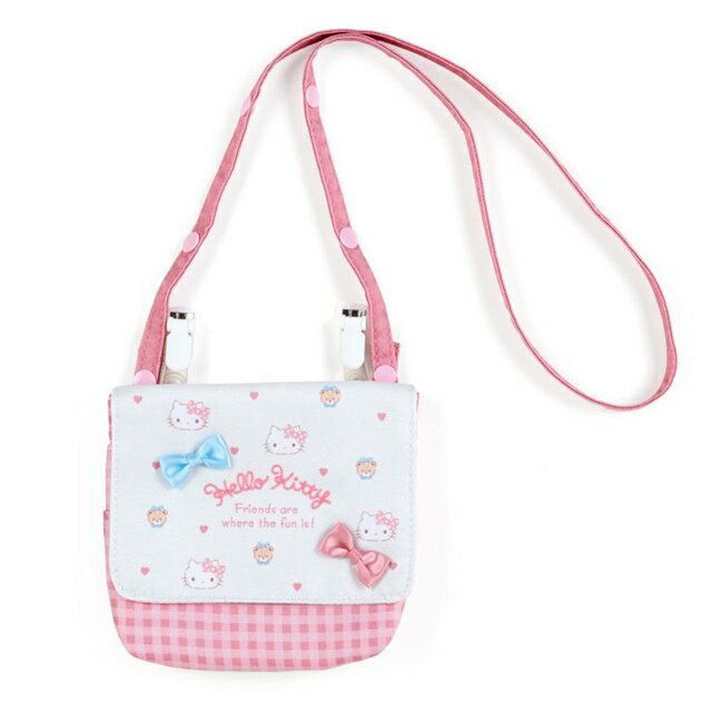 小禮堂 Hello Kitty 兒童棉質可夾式收納包附背帶 (粉白格子款)