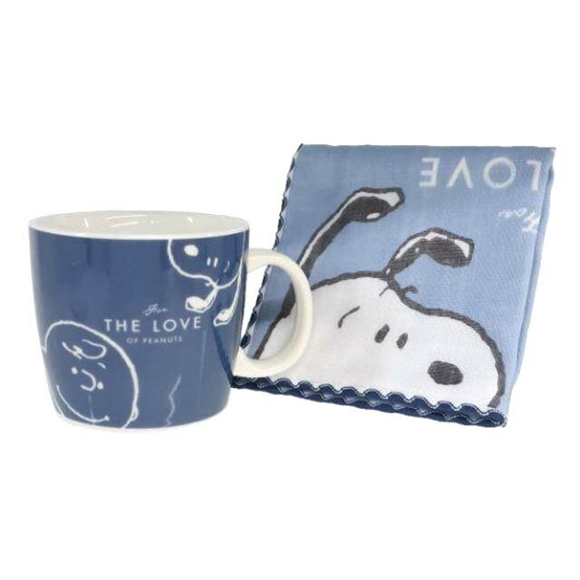 小禮堂 Snoopy 陶瓷馬克杯方巾組 310ml (藍大臉款)