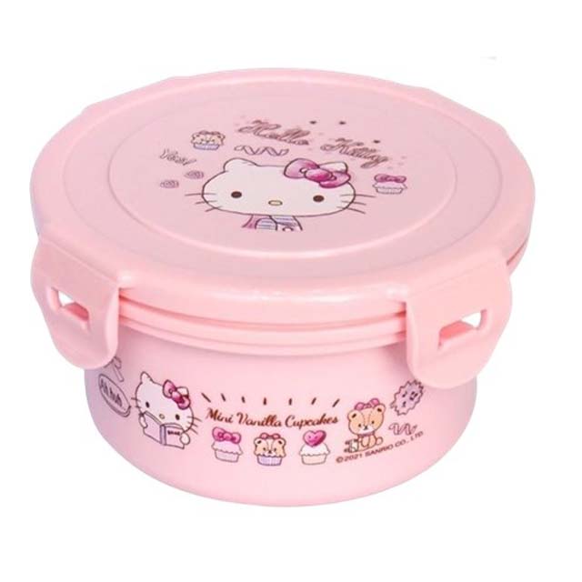 小禮堂 Hello Kitty 不鏽鋼扣式隔熱碗附小湯匙 400ml (粉甜點款)