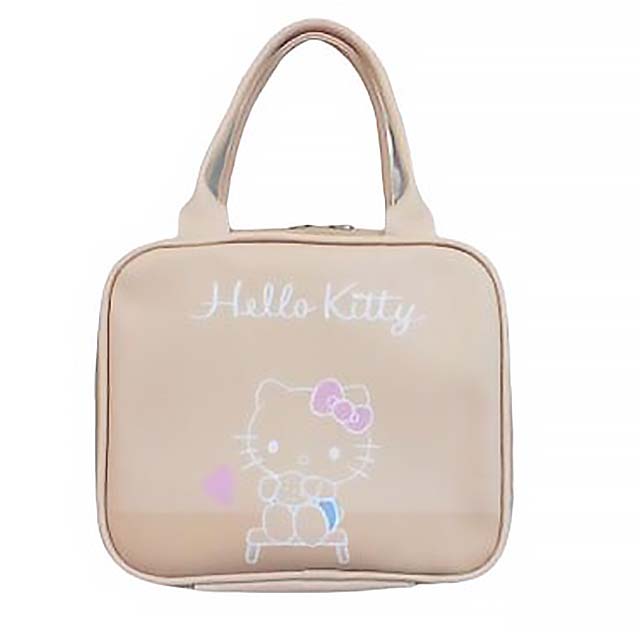 小禮堂 Hello Kitty 皮質手提雙層收納包 (棕坐姿款)