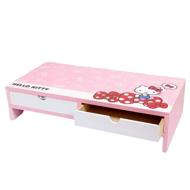 小禮堂 Hello Kitty 橫式木質雙抽螢幕架 (粉蝴蝶結款)
