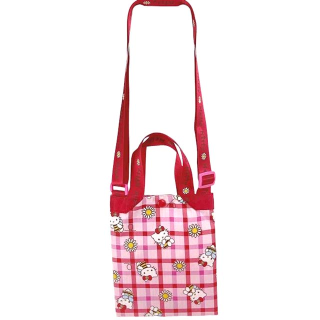 小禮堂 Hello Kitty 尼龍斜背手提兩用包 (格子蜜蜂款)