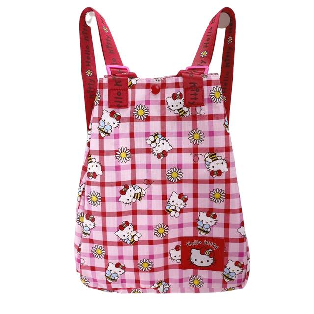 小禮堂 Hello Kitty 尼龍後背手提兩用包 (格子蜜蜂款)