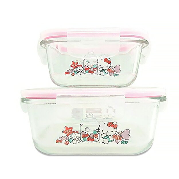 小禮堂 Hello Kitty 方形玻璃保鮮盒2入組 (粉糖果款)
