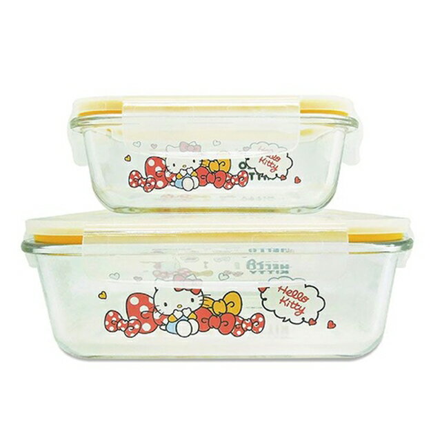 小禮堂 Hello Kitty 長方形玻璃保鮮盒2入組 (紅蝴蝶結款)