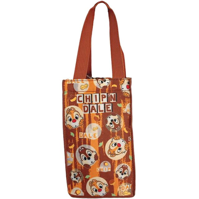 小禮堂 迪士尼 奇奇蒂蒂 方形尼龍保冷水壺袋 (棕園框款)