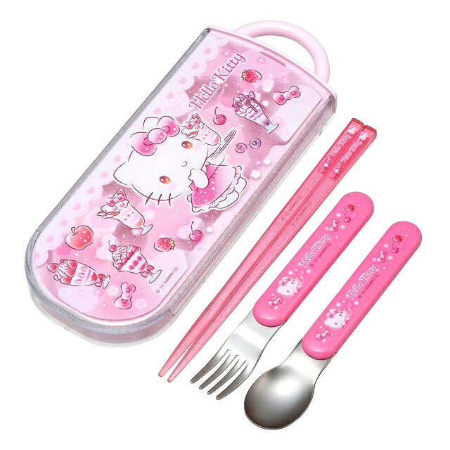 小禮堂 Hello Kitty 滑蓋三件式餐具組 Ag+ (粉聖代款)