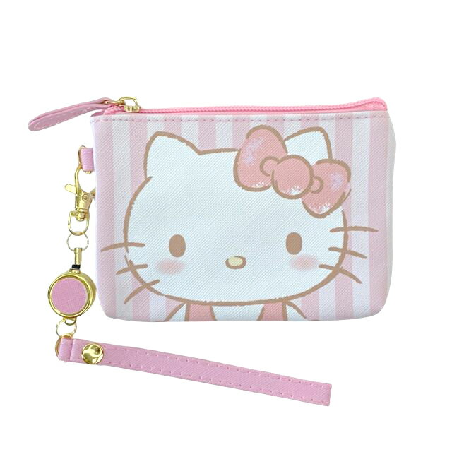小禮堂 Hello Kitty 皮質易拉扣票卡零錢包 (條紋大臉款)