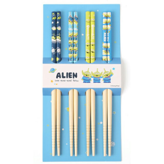 小禮堂 迪士尼 玩具總動員 三眼怪 天然竹筷4入組 21cm (藍綠集合)
