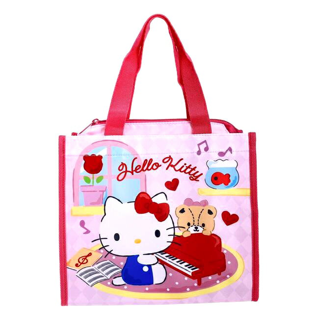 小禮堂 Hello Kitty 尼龍手提方形便當袋 (粉鋼琴)