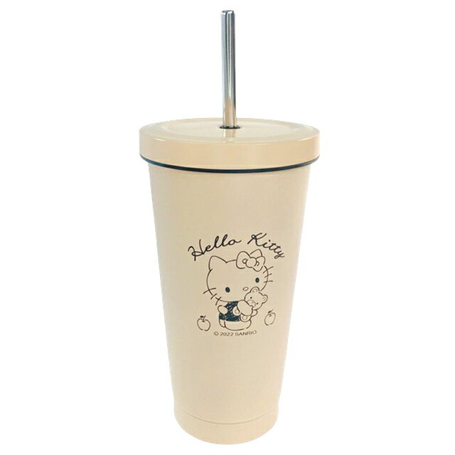 小禮堂 Hello Kitty 304不鏽鋼吸管杯 500ml (奶茶)