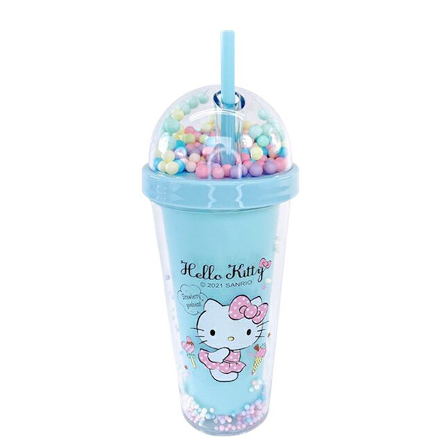 小禮堂 Hello Kitty 馬卡龍塑膠吸管杯 500ml (藍)