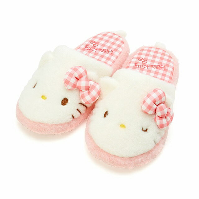 小禮堂 Hello Kitty 絨毛造型室內拖鞋 25cm (粉格子)
