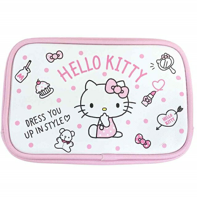 小禮堂 Hello Kitty 皮質方形拉鍊化妝包 (粉白坐姿款)