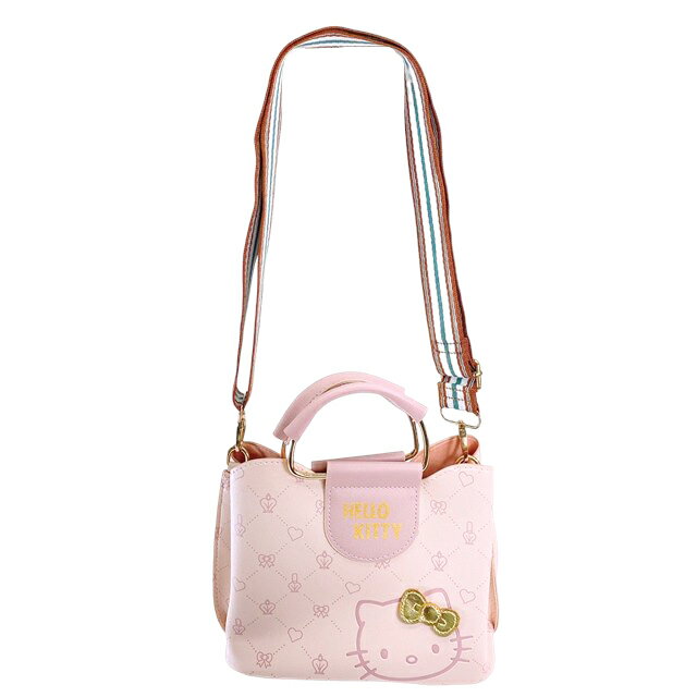小禮堂 Hello Kitty 皮質肩背手提兩用包 (粉金蝴蝶結)