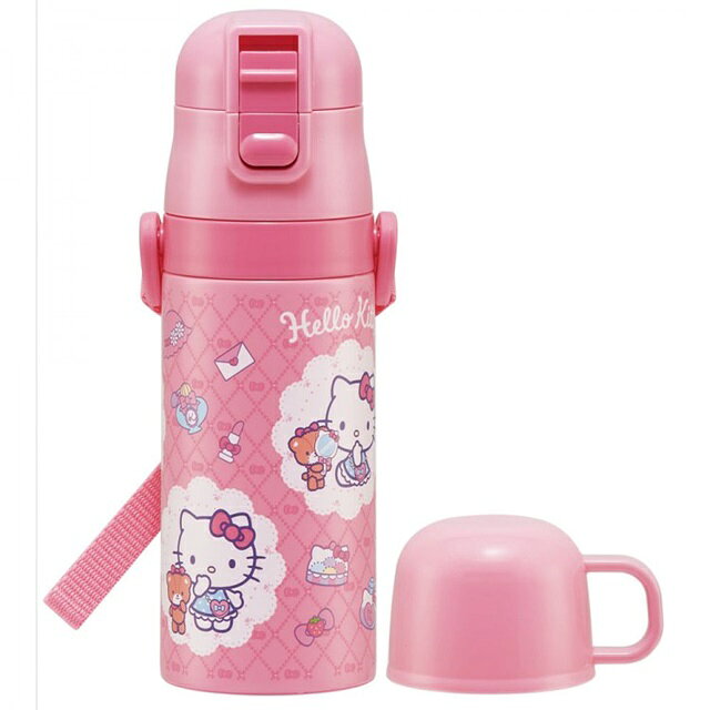 小禮堂 Hello Kitty 兩用不鏽鋼保溫瓶附背帶 400ml/350ml (粉菱格)