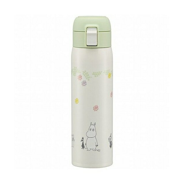 小禮堂 Moomin 彈蓋式不鏽鋼保溫瓶 480ml (白綠站姿)