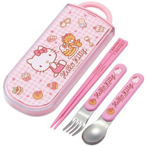 小禮堂 Hello Kitty 滑蓋三件式餐具組 Ag+ (粉格子款)