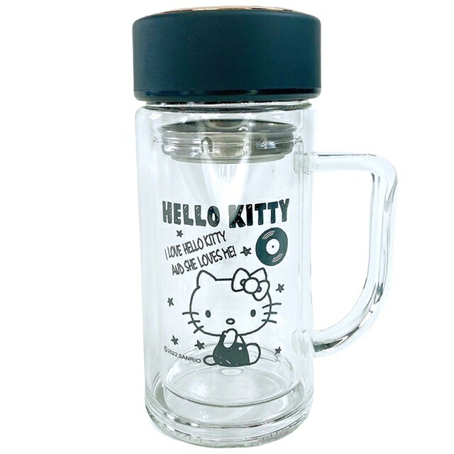 小禮堂 Hello Kitty 單耳雙層玻璃泡茶杯附蓋 400ml (黑坐姿款)