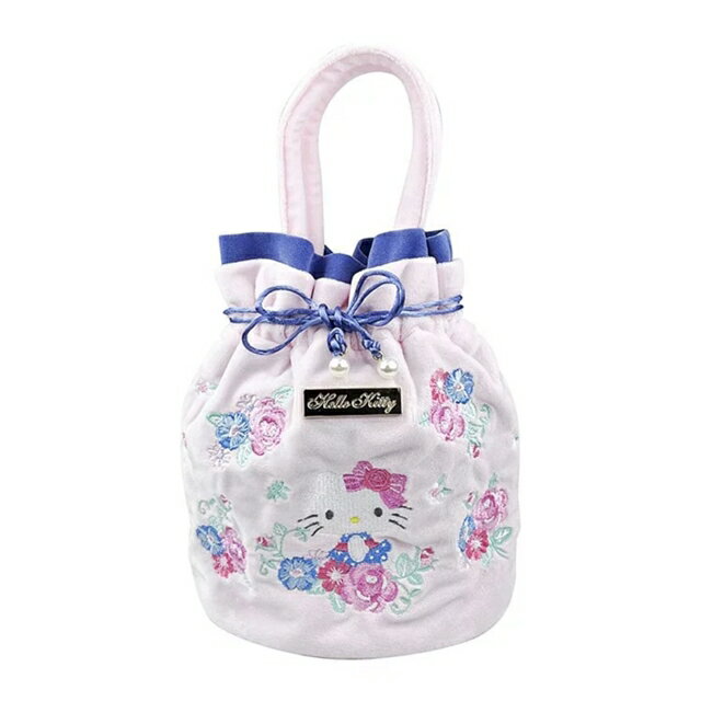 小禮堂 Hello Kitty 絨毛束口提袋 (花花世界)
