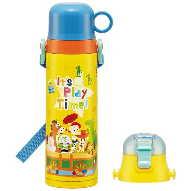 小禮堂 迪士尼 玩具總動員 兩用不鏽鋼保溫瓶附背帶 580ml/570ml (黃藍玩具盒款)