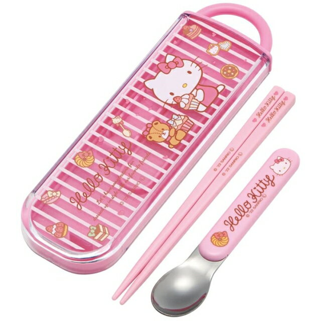 小禮堂 Hello Kitty 滑蓋兩件式餐具組 Ag+ (粉條紋款)