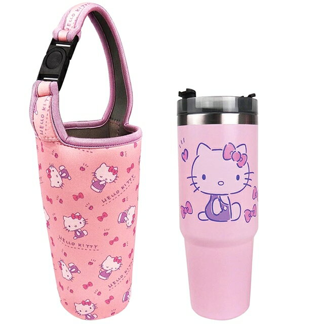 小禮堂 Hello Kitty 304不鏽鋼冰霸杯附潛水布杯袋 850ml (粉側坐蝴蝶結款)