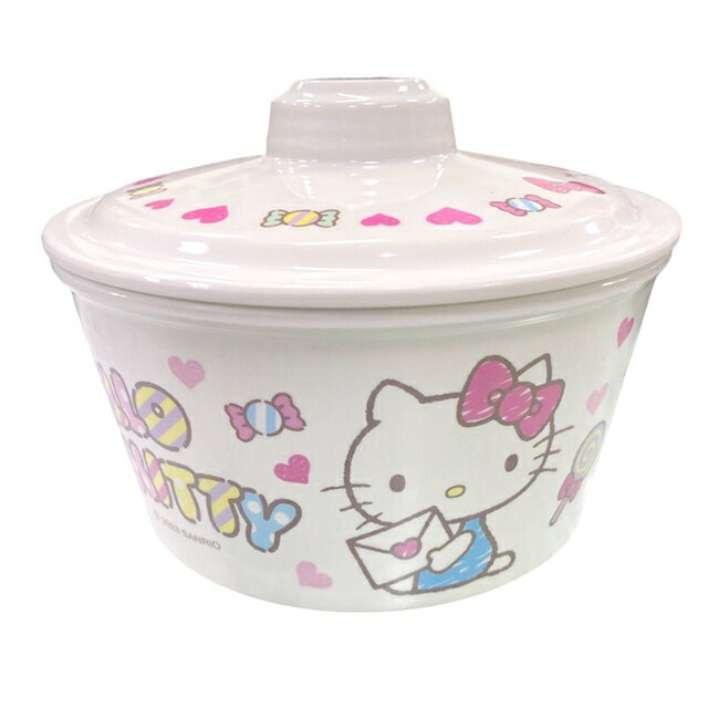 小禮堂 Hello Kitty 美耐皿單耳泡麵碗附蓋 800ml (白情書款)